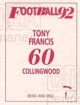 1992 Select AFL Stickers #60 Tony Francis Back